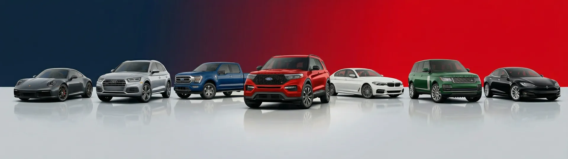 Discover your perfect car — Blue pickup, Red SUV, White sedan